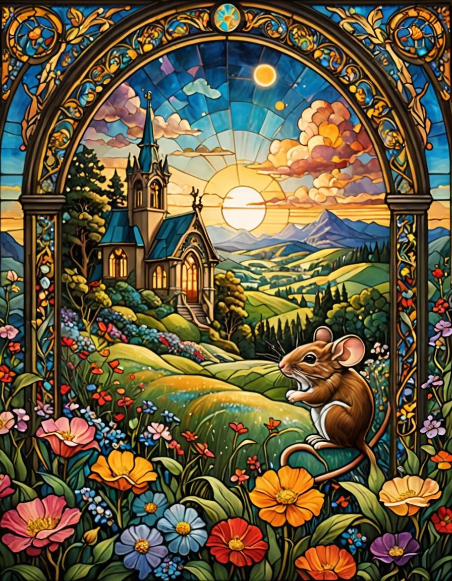 Mice in Field: Stained Glass Art Nouveau