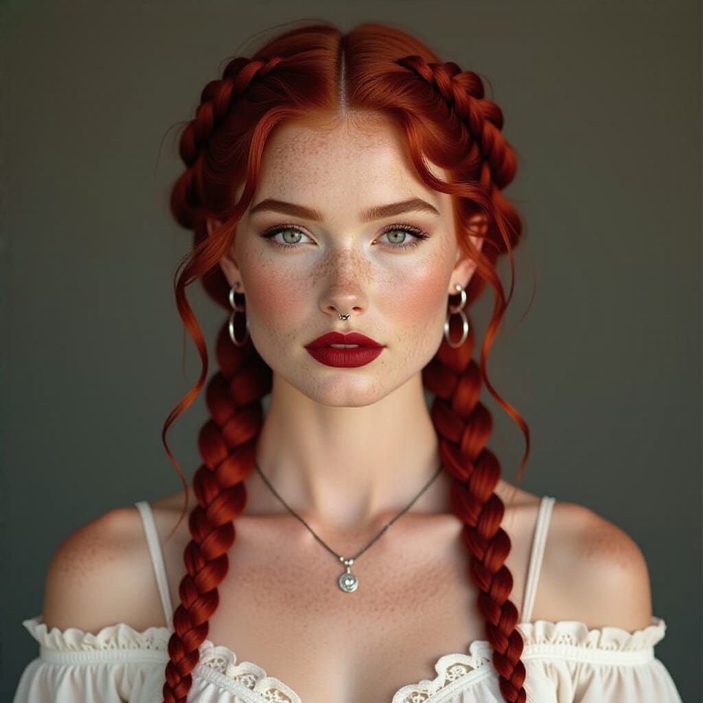 Woman with Braided Red Hair in Digital Art Style