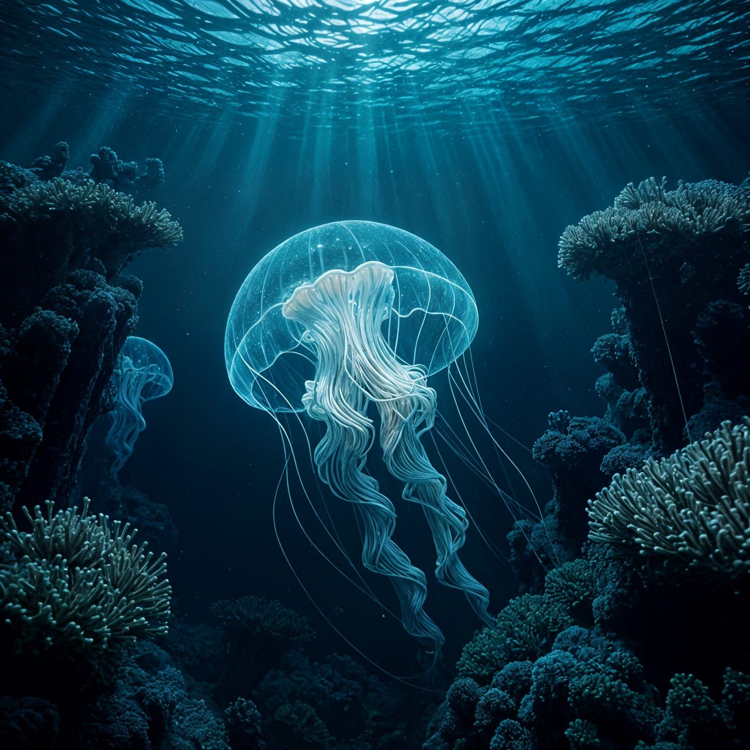 Bioluminescent Jellyfish Floats in Alien Ocean