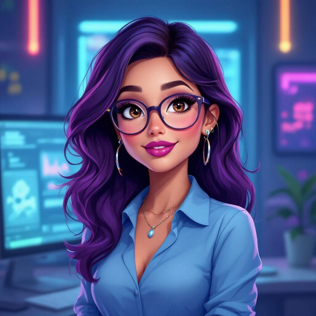 Italian Woman in AI Office: Animation-Inspired Digital Art