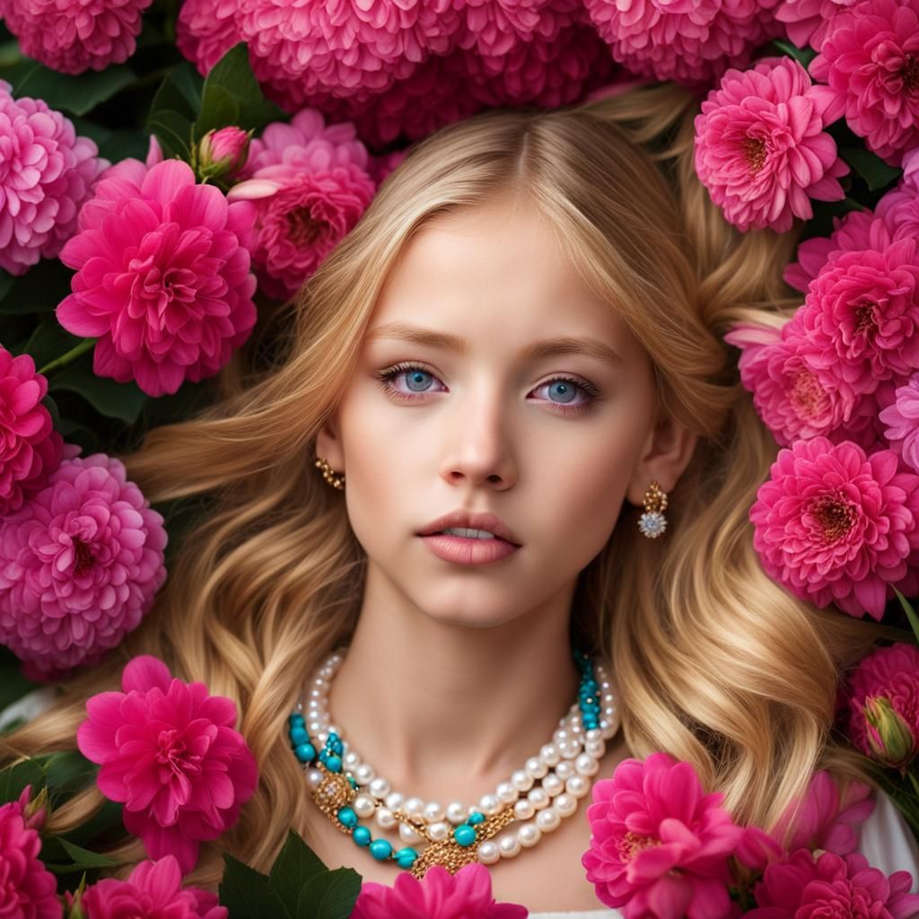 Blonde Teenage Girl in Flowers with Pearl Necklace