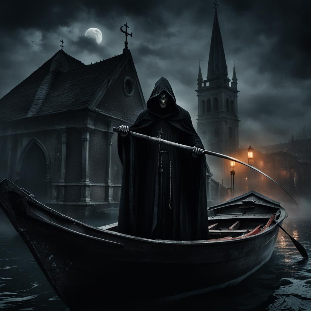 Muscular Grim Reaper in Gothic Venice