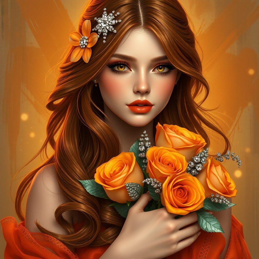 Serene Woman with Auburn Hair and Rhinestone Flower
