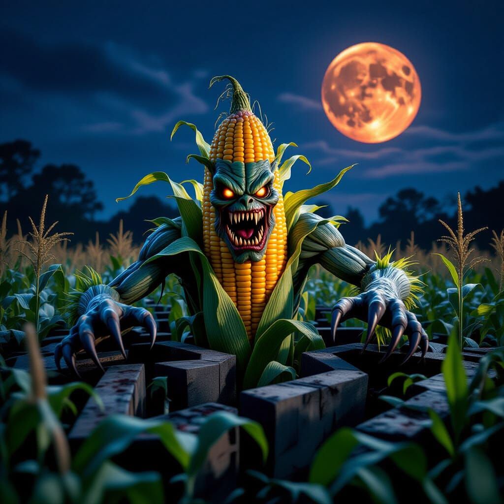 Scary Corn Monster in Maze Under Blood Moon