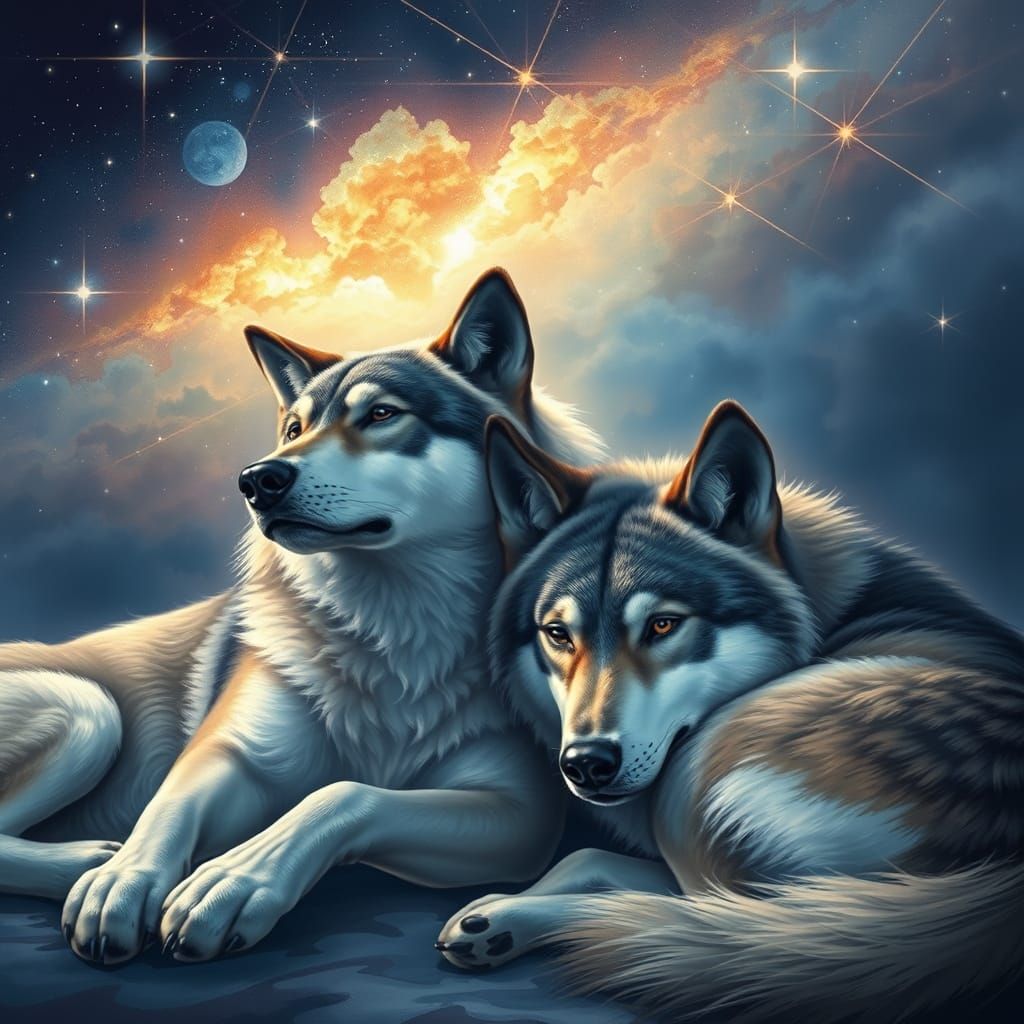 A profound digital painting of two wolves lying together under a starry sky.
