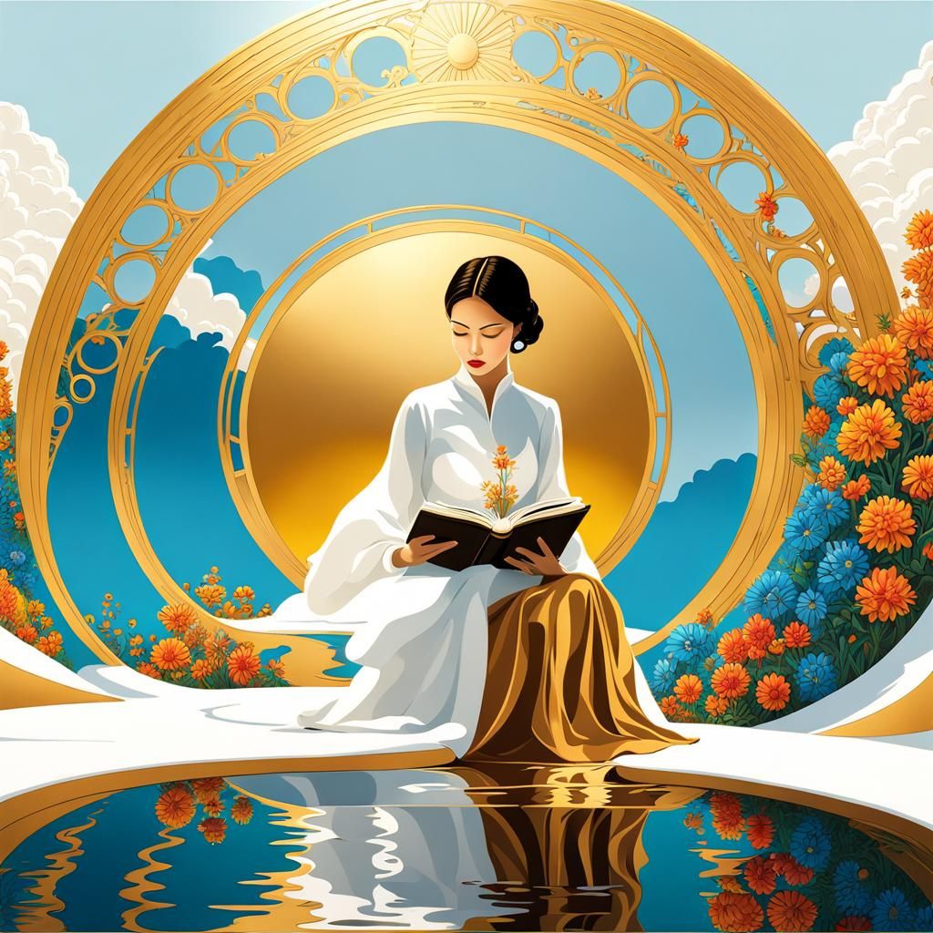 Woman Reading by Pool in Palekh Style