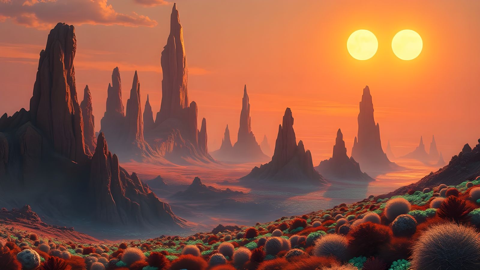 Alien Landscape with Twin Suns in Bierstadt Style