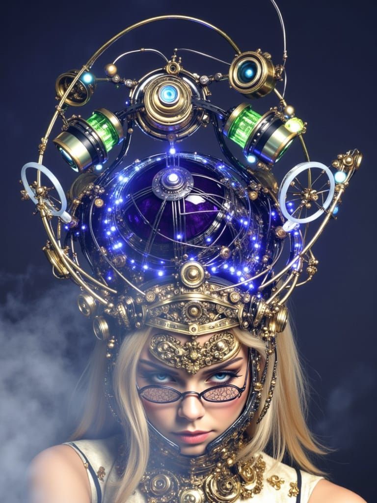 Steampunk Woman with Futuristic Helmet, Hyperrealistic