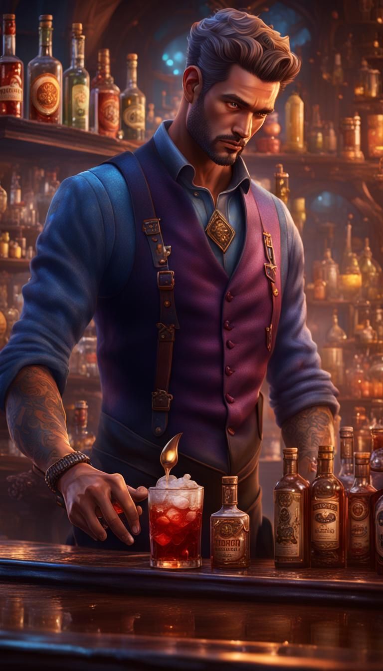 Detailed Matte Painting of a Handsome Bartender