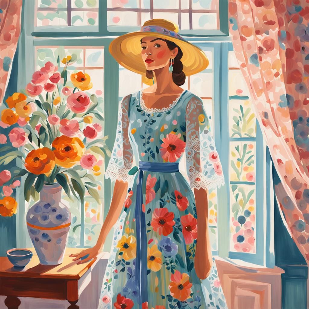 Stylish Woman in Floral Dress, Gouache Painting