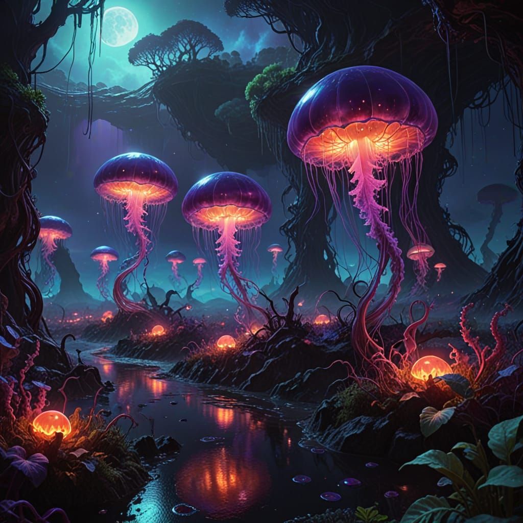 Ethereal Surrealism: Alien Landscape with Bioluminescent Pla...