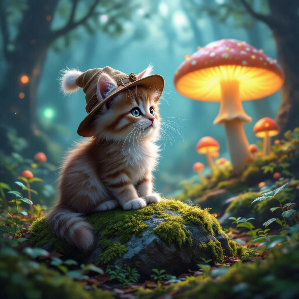 Kitten Adventurer in Glowing Mushroom Forest