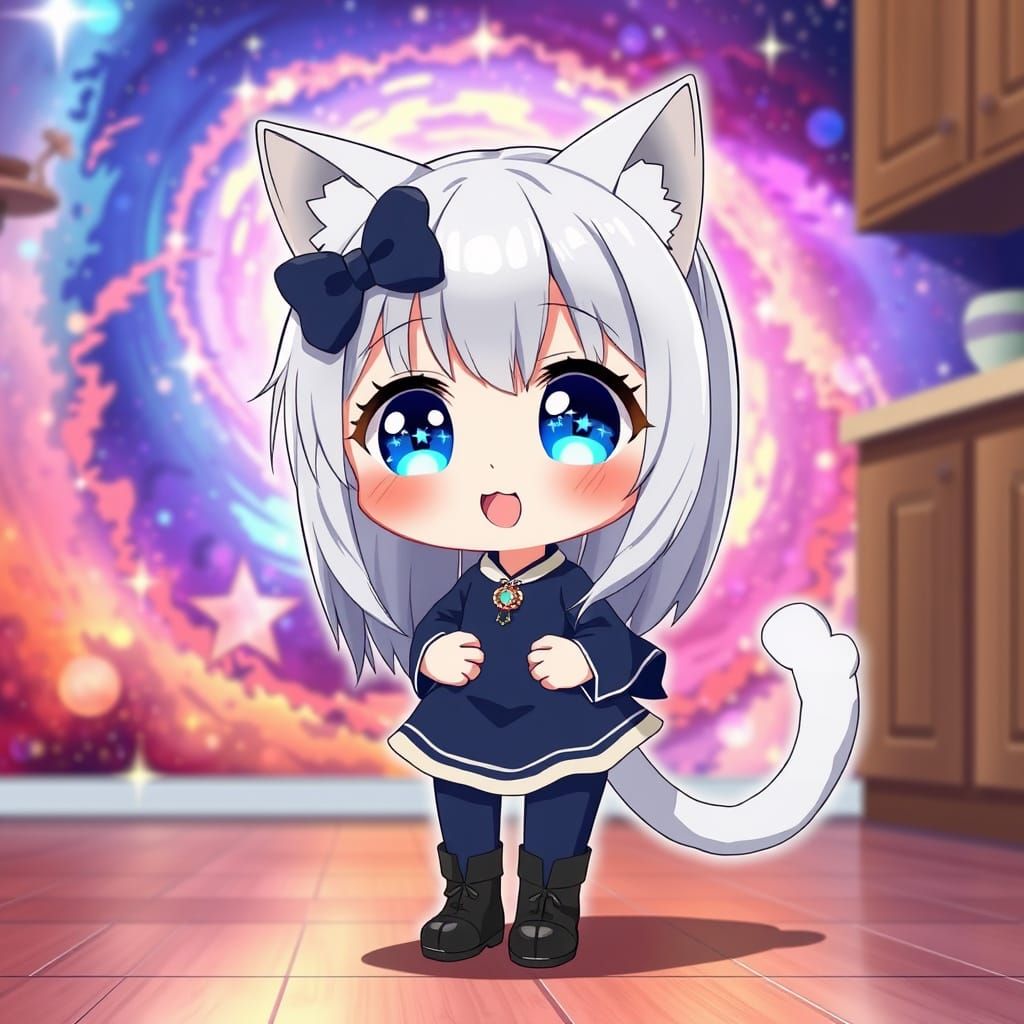 Anime Catgirl with Sparkling Eyes in Nebula Kitchen