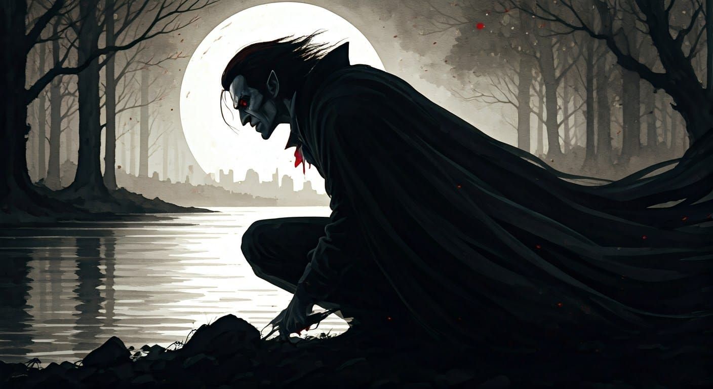 Vampire Silhouette in Steampunk Ink Painting