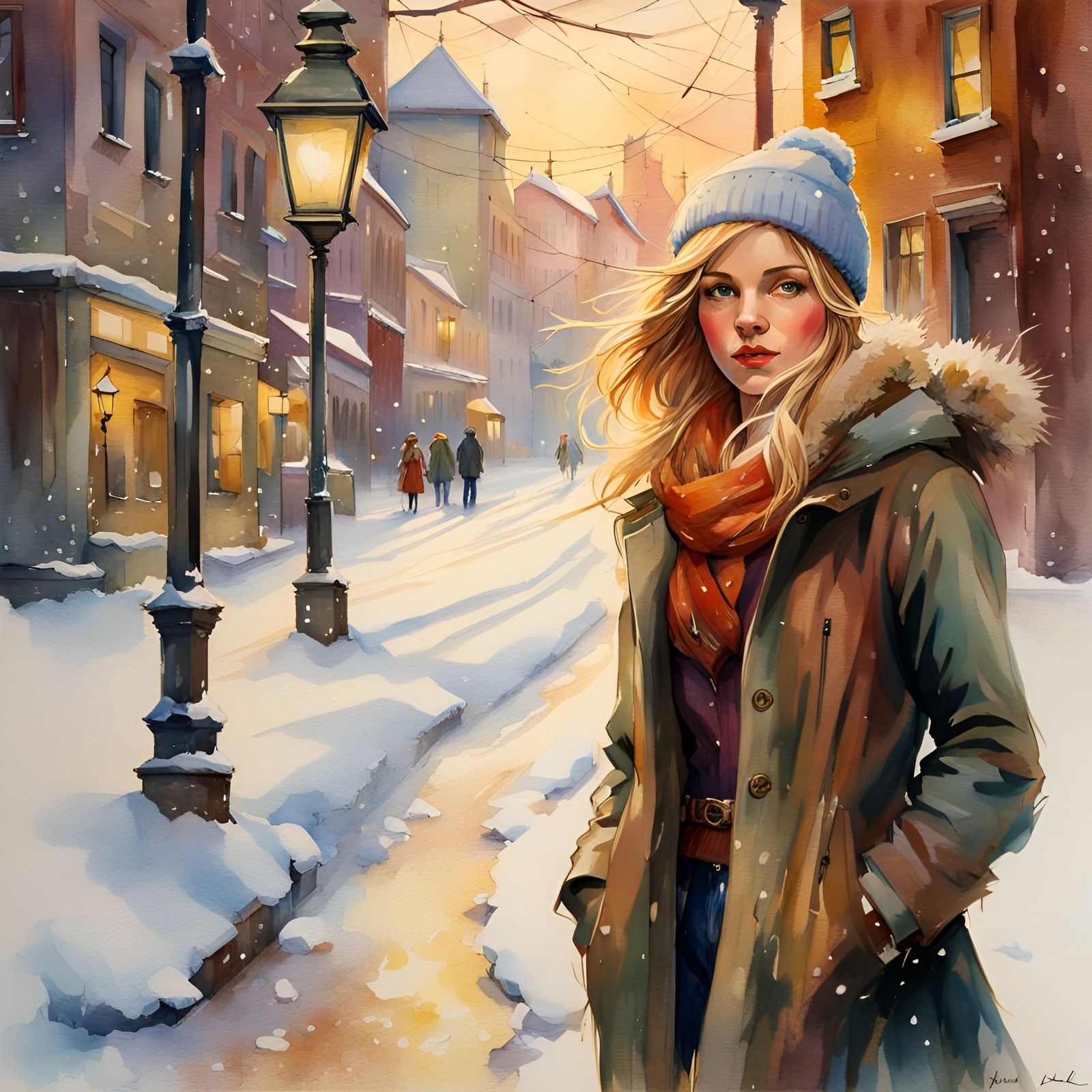 Girl in Snowy Town, Watercolor Wet Wash Style