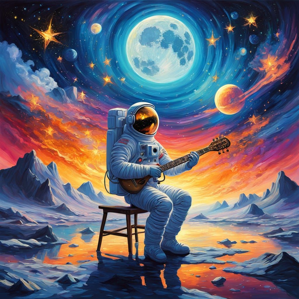 Astronaut Plays Lyre Amidst Vibrant Stars in a Dreamlike Sce...