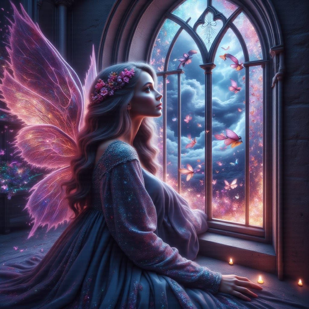 Fallen Angel Gazes Through Ethereal Window