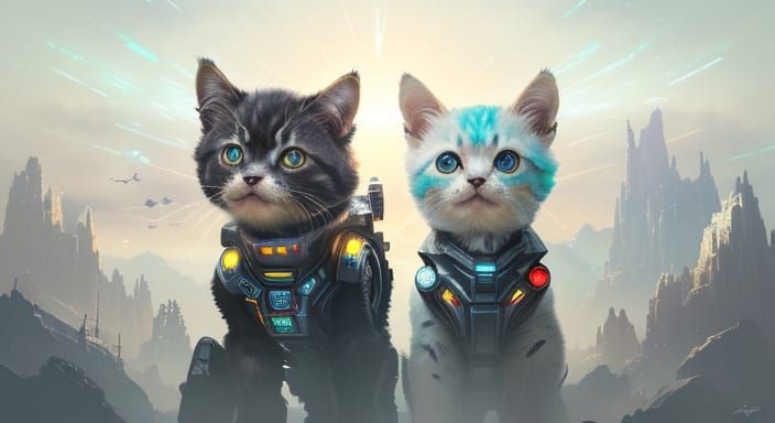 Sci-Fi Robots, Kitten, and Terrier Soar Through Cosmic Sky