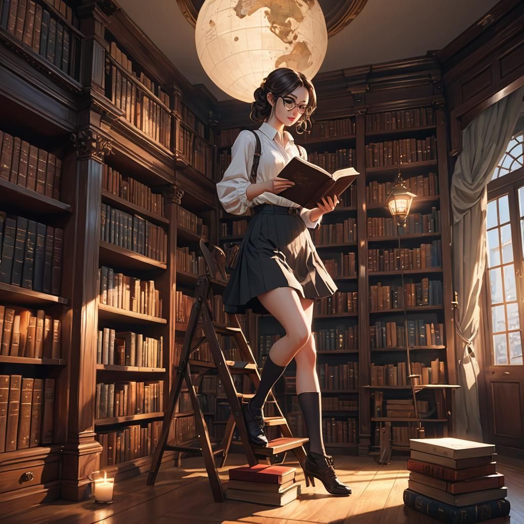 Anime Girl in Victorian Library, 3D Render