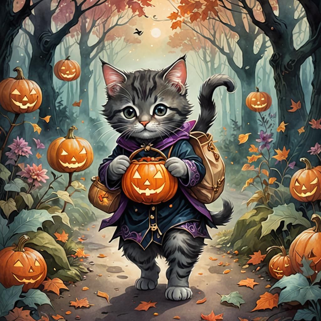 Kawaii Halloween Kitten in Mystical Forest