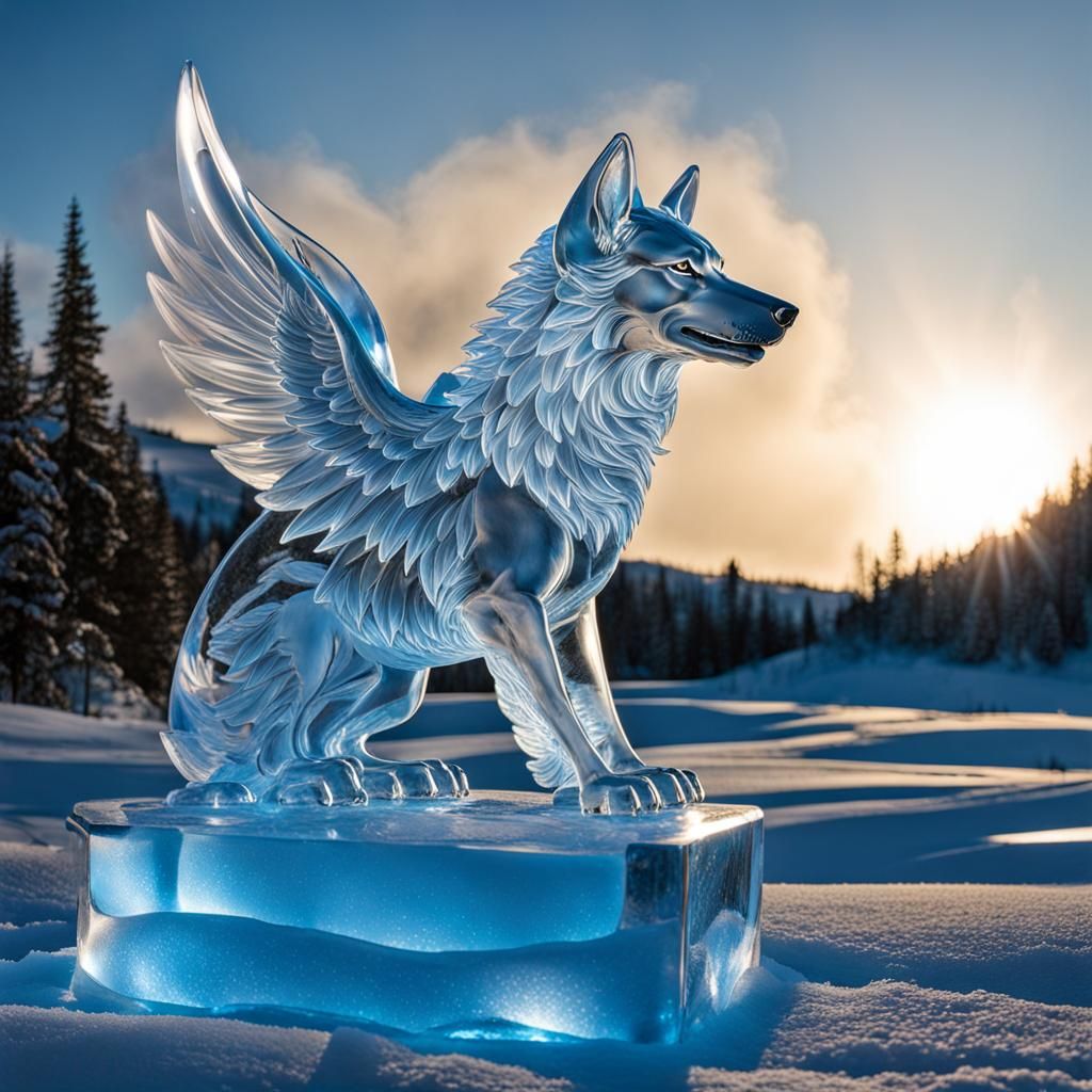 A winged wolf ice fine sculpture