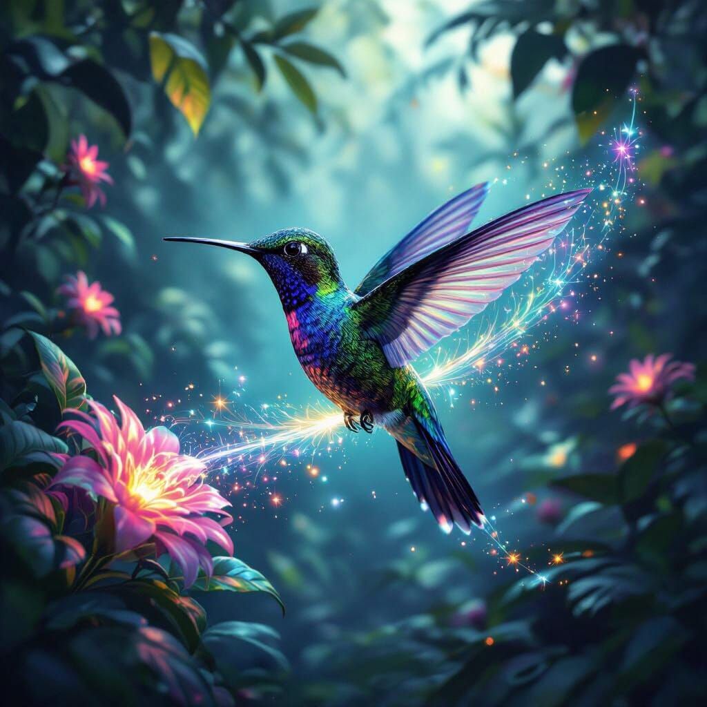 Bioluminescent Hummingbird in Jungle with Glowing Flora