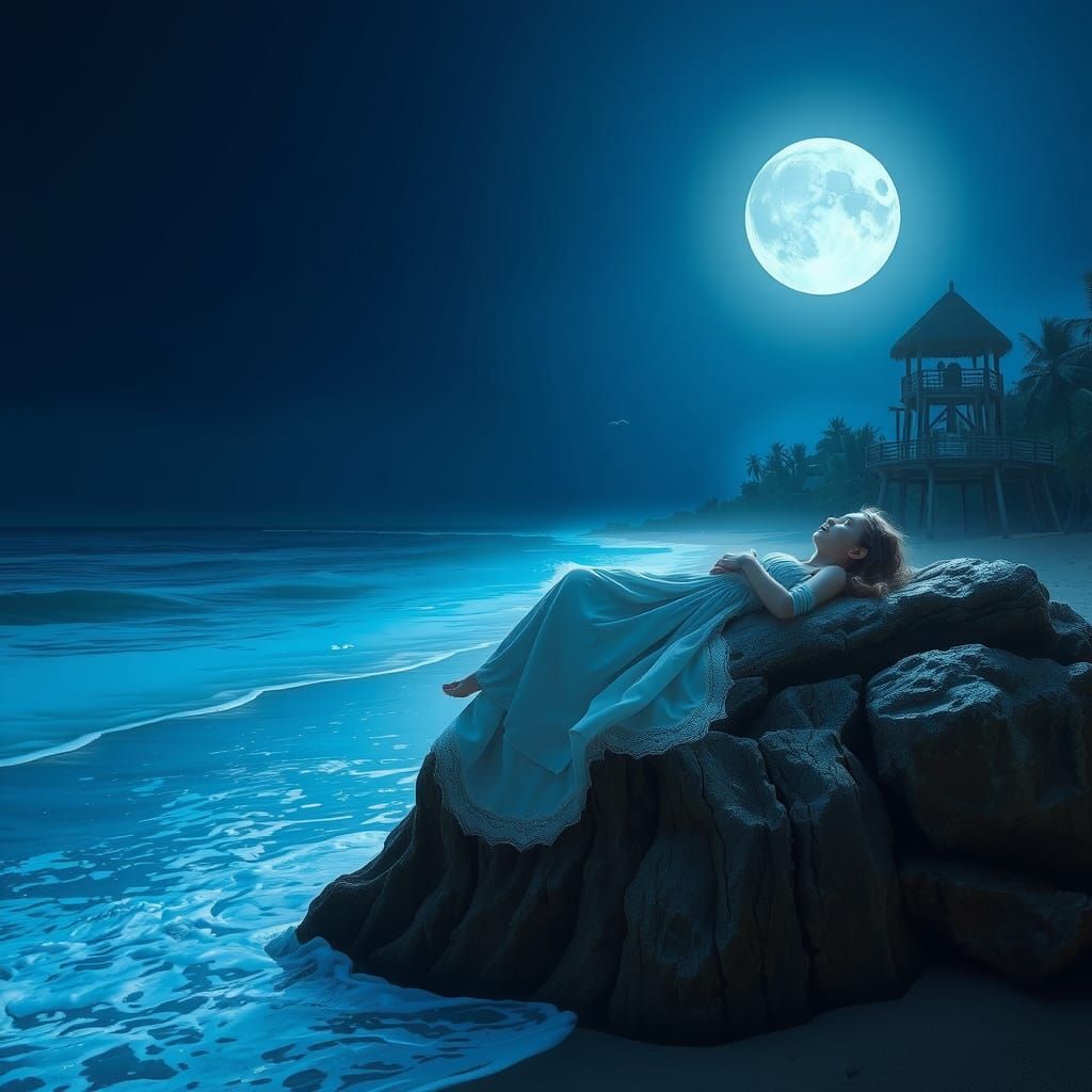 Mystical Moonlit Scene of Girl on Rocks