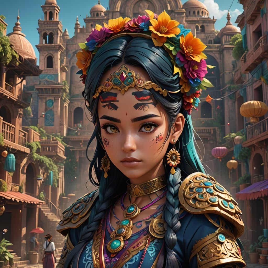 Mexican Anime Girl: Detailed Matte Painting