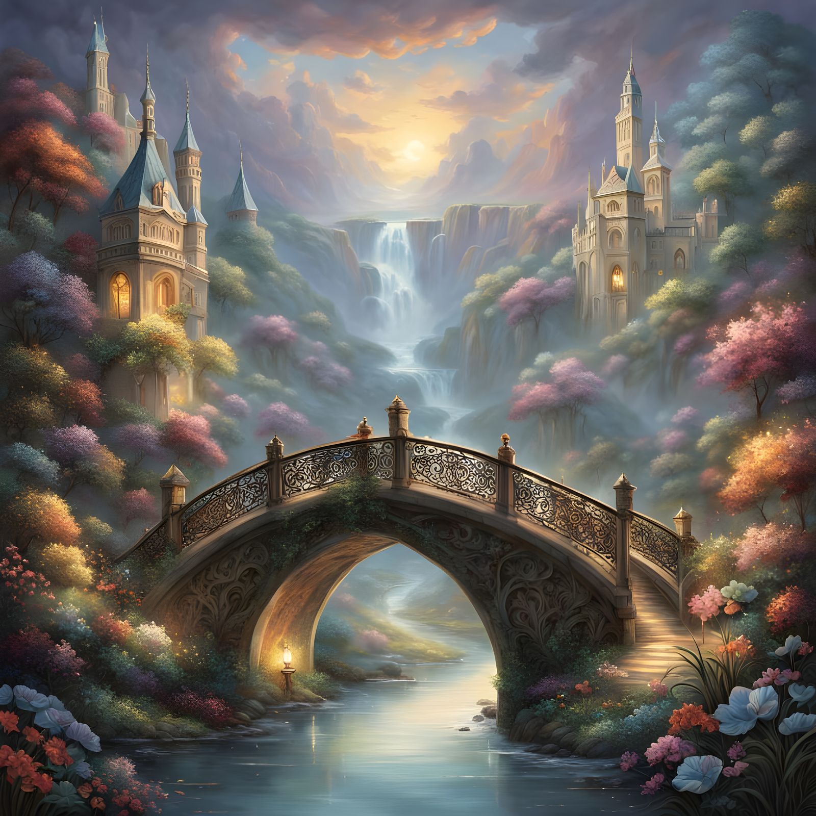 Ethereal Fantasy Bridge Scene in Vibrant Colors