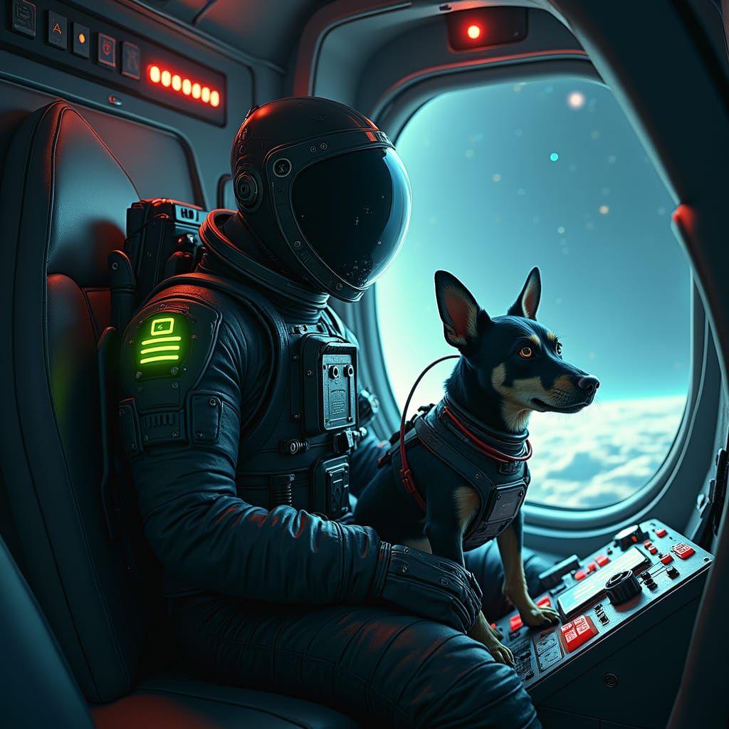 Astronaut and Dog in Spaceship Control Room