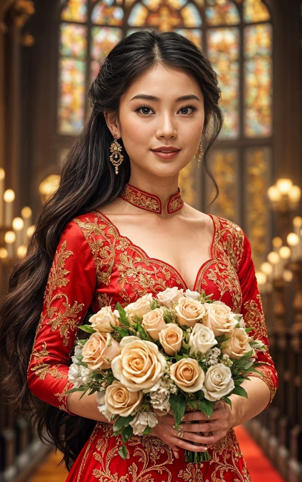 Radiant Asian Bride in Red and Gold Gown