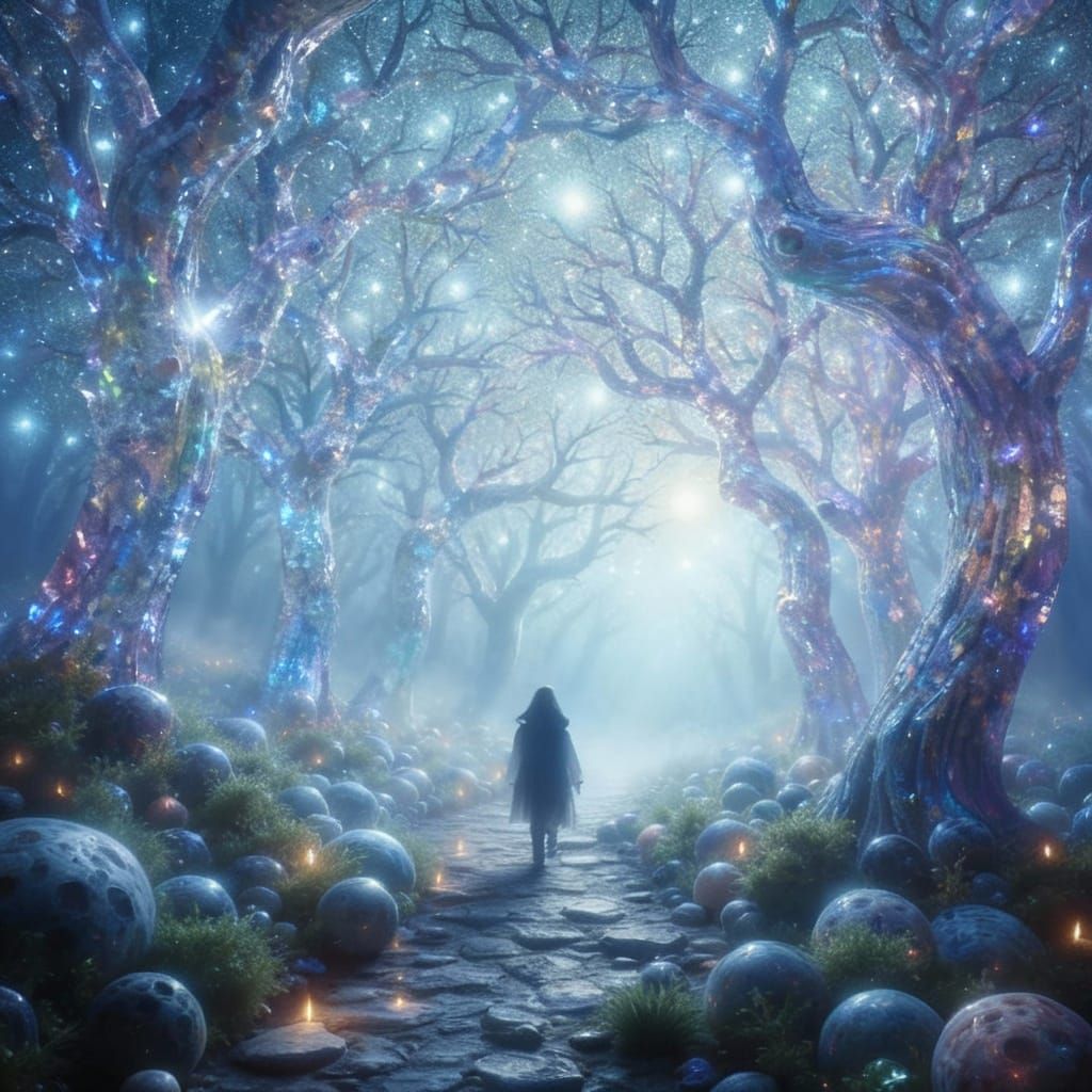 Ethereal Forest Path with Crystal Trees