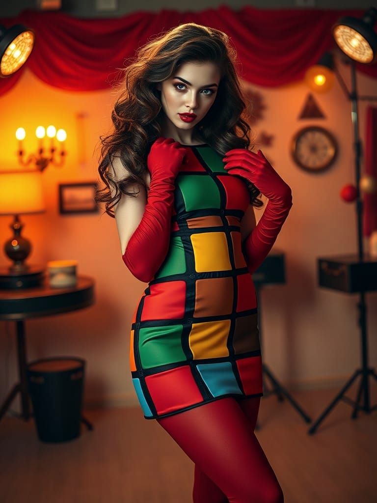 Gorgeous Woman in Rubik's Cube Dress in 1980s Studio Style