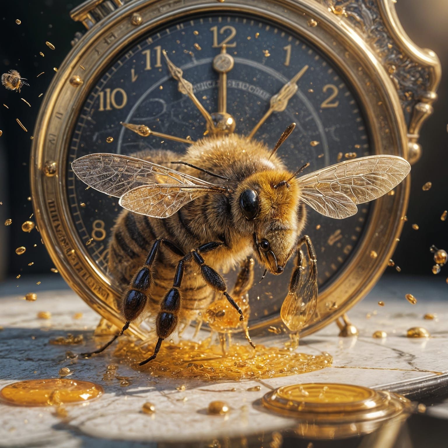 Honey Bee Harvests Pollen from a Melting Clock in Photoreali...