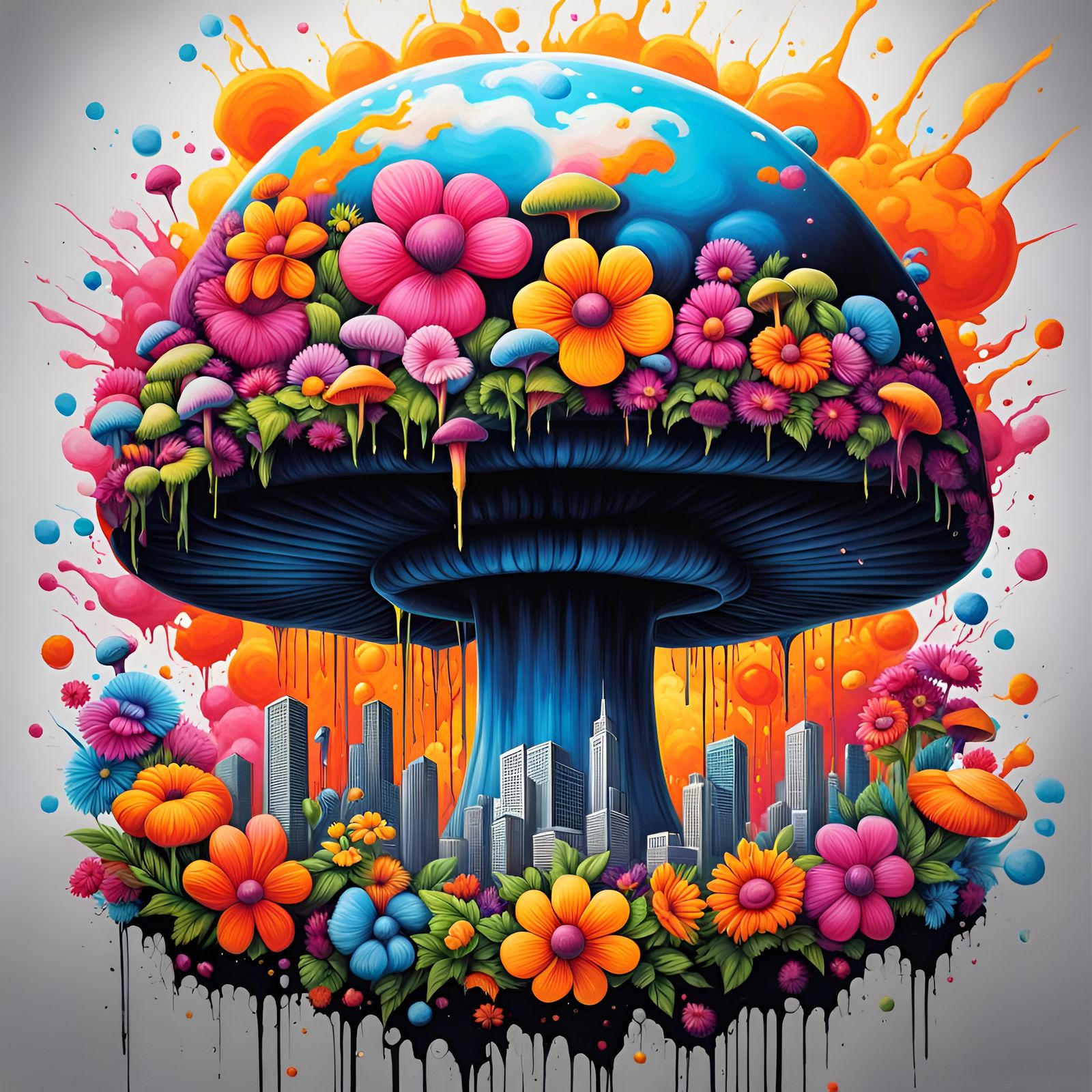 Floral Nuclear Explosion in Graffiti Art Style