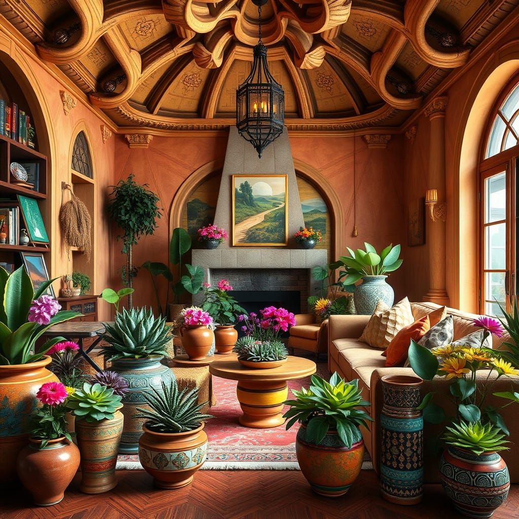 Warm and Inviting Family Room with Vibrant Houseplants
