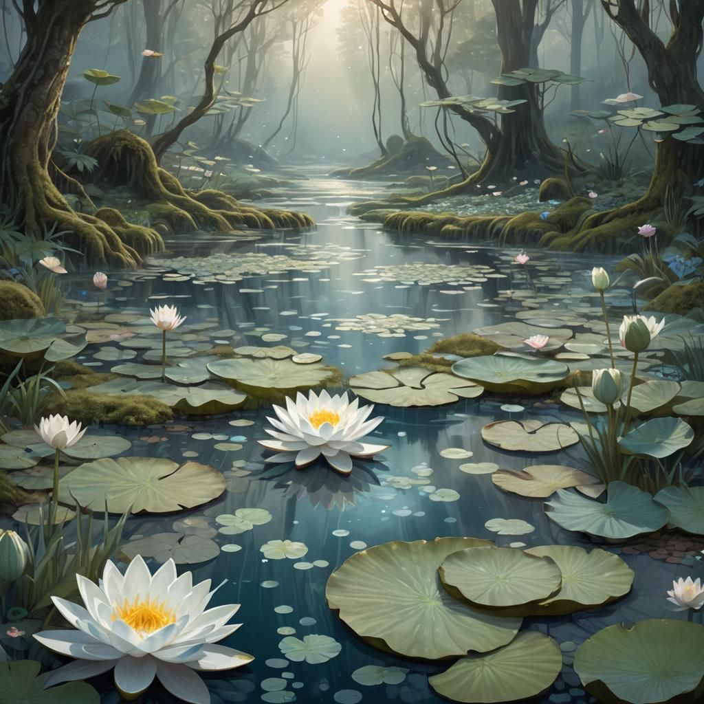Magical Waterlily Carpet in Misty Forest: Concept Art