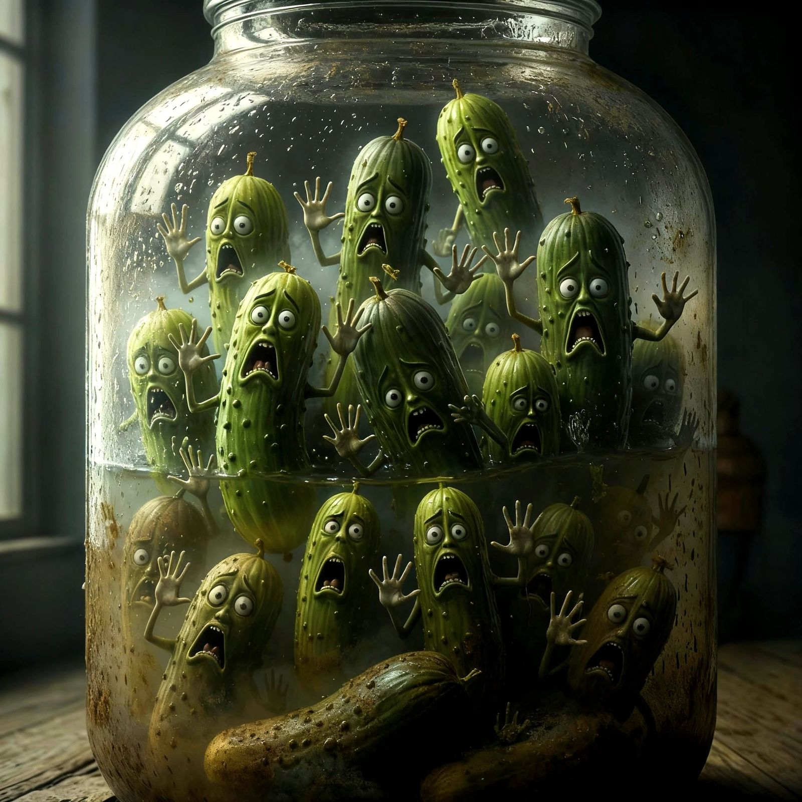Scared Pickles Trapped in Dirty Jar, Dark Eerie Atmosphere