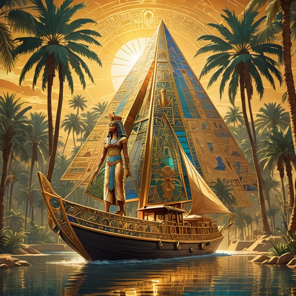Egyptian Queen on Nile in Art Nouveau Style