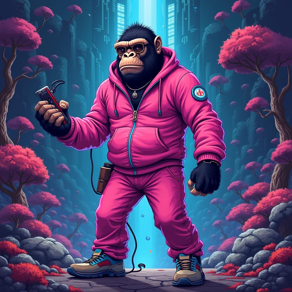 Retro Gamer Ape in 8-bit Arcade Dreamscape