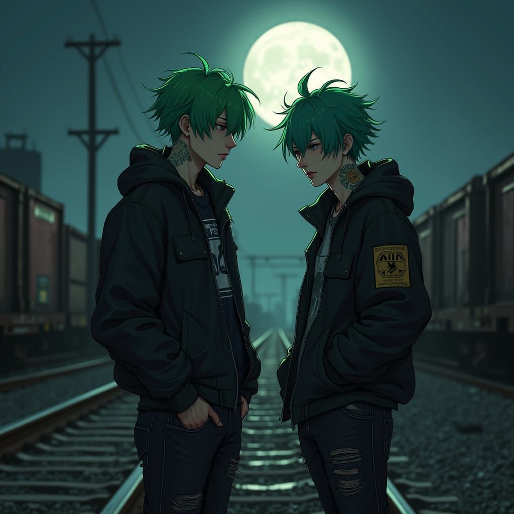 Green-Haired Men in Railyard: Hyperrealistic Digital Art