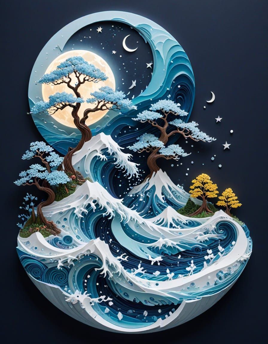 Frozen Nocturnal Fantasy Landscape in Sumi-e Style