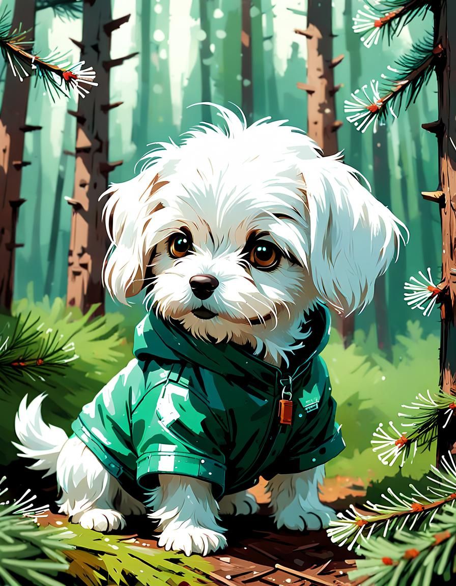 Whimsical digital painting of a charming Maltese dog in a pi...