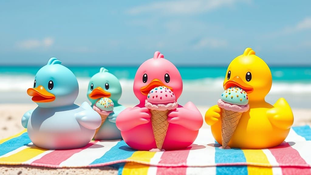 Vibrant Rubber Ducks Enjoy Whimsical Ice Cream Treats