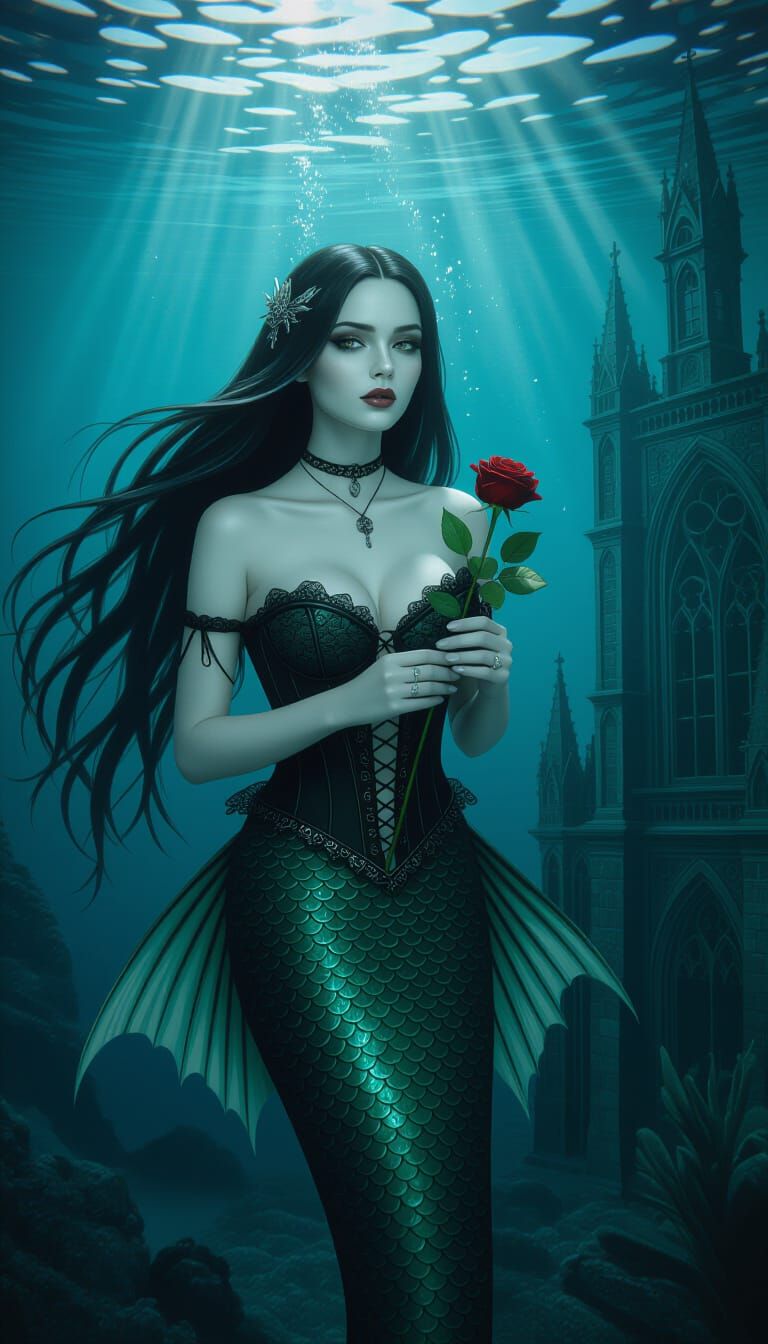 Gothic Mermaid Ariel in Shadowy Underwater Castle