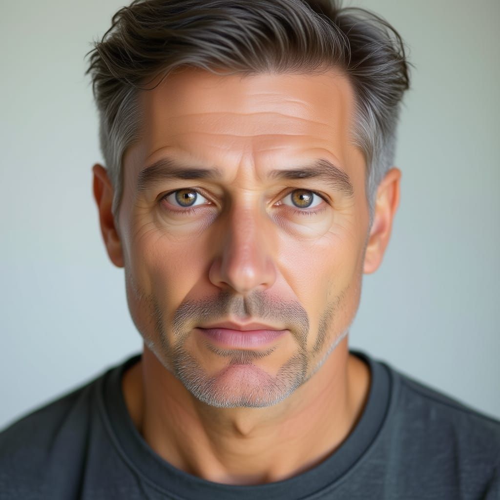 Hyperrealistic Portrait of a Serious Man with Intense Eyes