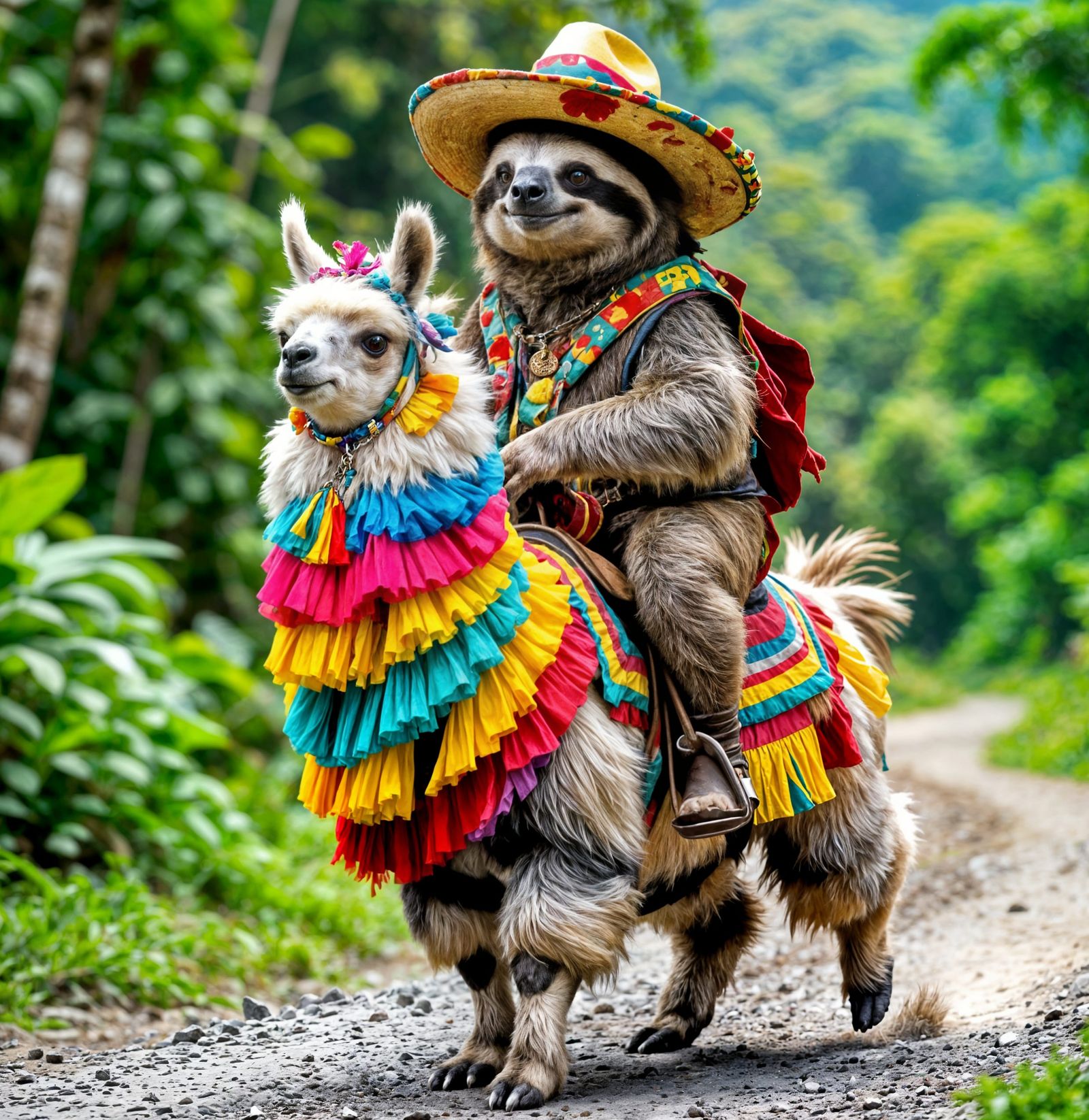 An anthropomorphic sloth riding on a llama.