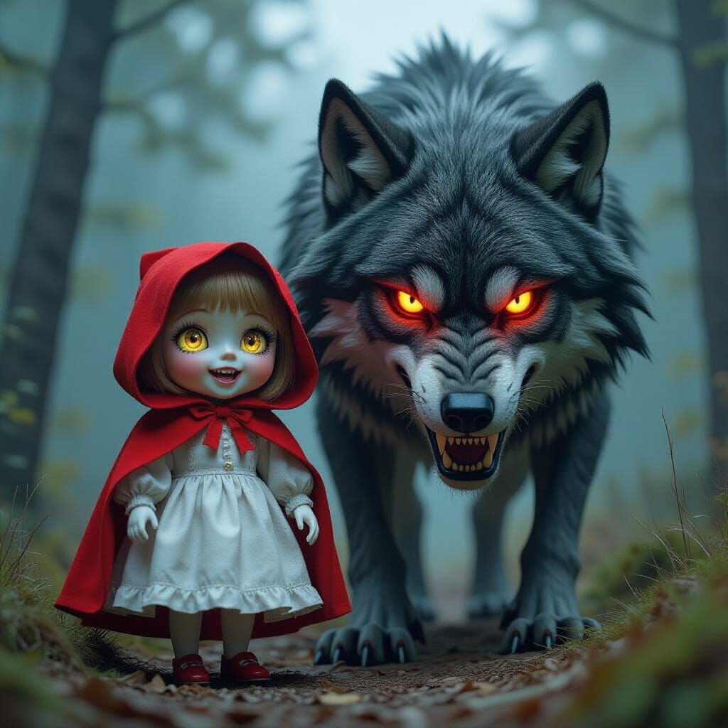 Little Red Riding Hood Doll & Wolf, Horror Art Style