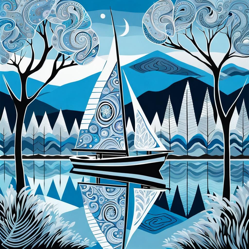 Abstract Sailboat Painting on Icy Blue Lake
