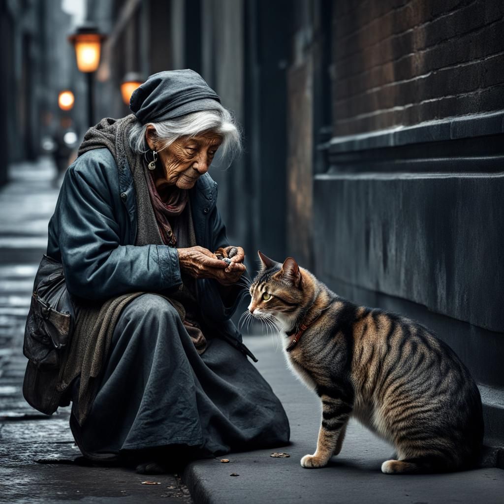 Homeless Woman Shares Meal with Cat: Emotional Art